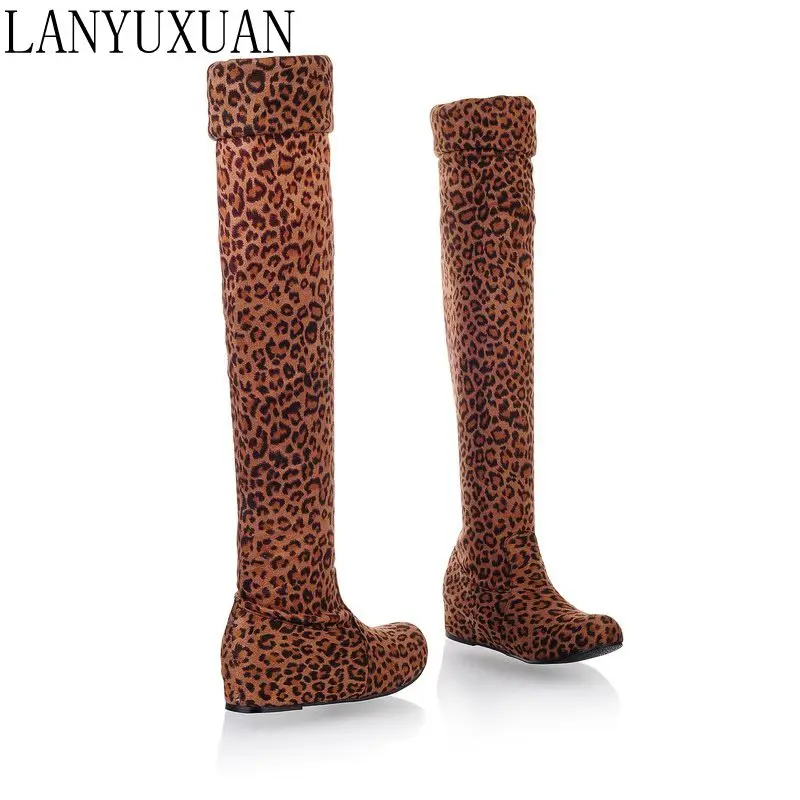 BLXQPYT/Модная обувь; большие размеры 34-47; сезон осень-зима; женские пикантные ботфорты с леопардовым принтом и круглым носком на плоской подошве; 865