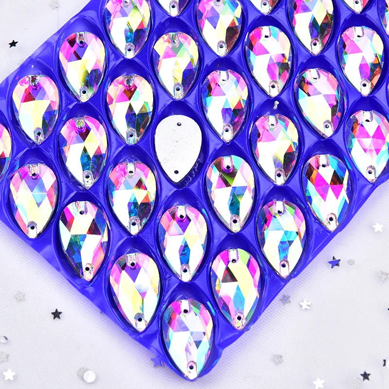 

30pcs/Lot Tear Drop Button Rhinestone Glass Crystal AB Sew On Strass Flatback Sewing Wedding Dress Decoration DIY 4 Sizes
