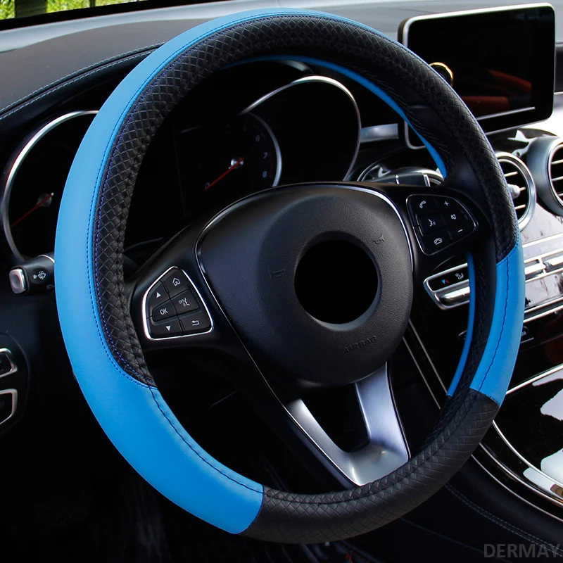 37 см-38 см чехлы рулевого колеса автомобиля авто интерьер из искусственной кожи Рулевое колесо покрытие автомобиля Универсальные всесезонные аксессуары - Название цвета: Синий