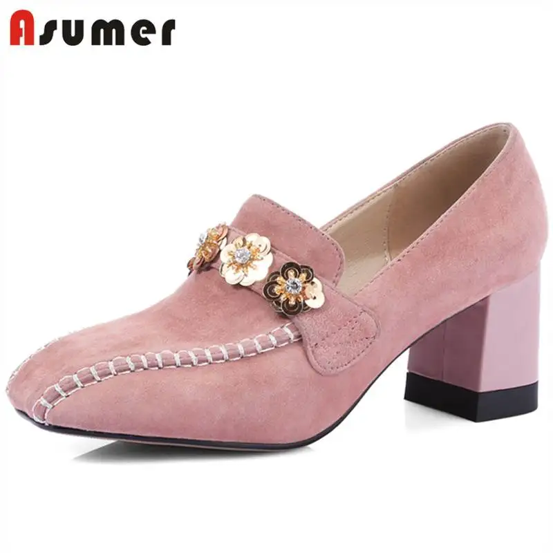 

ASUMER HOT 2018 leisure suede leather pumps women square toe square high heels flower sewing summer shoes party shoes SIZE 34-42