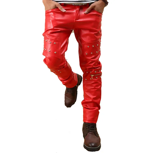 Mens Punk Rock Red Studded Faux Leather Motorcycle pants Hip Hop Night ...