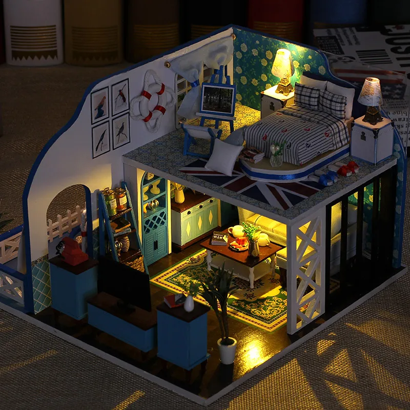 

DIY Doll House Wooden House Azure Coast Assemble 3D Miniatures Dollhouse Model Mini Houses Furniture Decoration Toy For Kid Gift