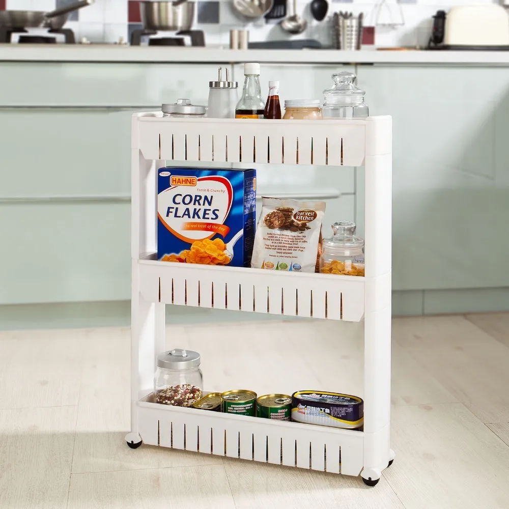 

SoBuy FRG40-W 3 Tiers Plastic Storage Rack on Wheels Slide Out Rack Storage Trolley