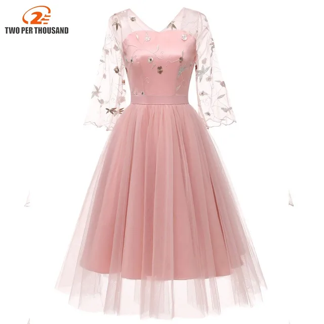 Christmas Embroidered Mesh Pink Dress Vintage Retro 2/3 Sleeve Women