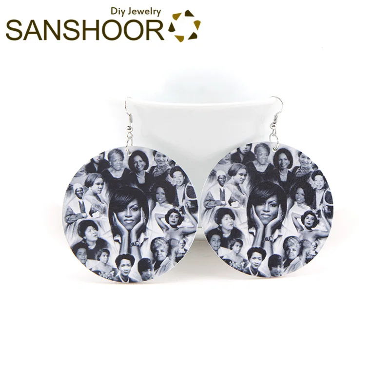 

SANSHOOR Afro Printed Wood Earring First LadyMichelle Obama Black Family Unity Big Size Jewelry Gift for African Ladies 1 Pair