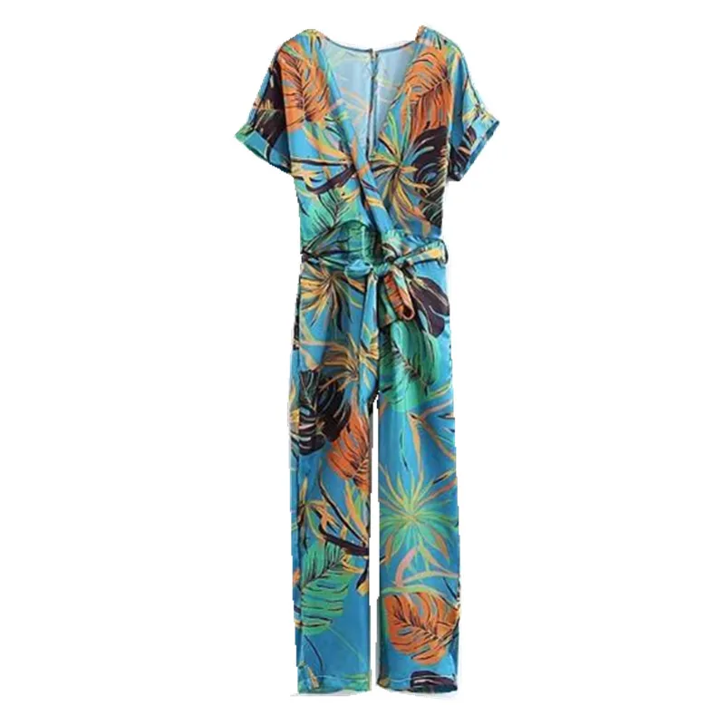 Retro Leaves Rainforest Print Jumpsuit 2018 Woman Hollow out Back V