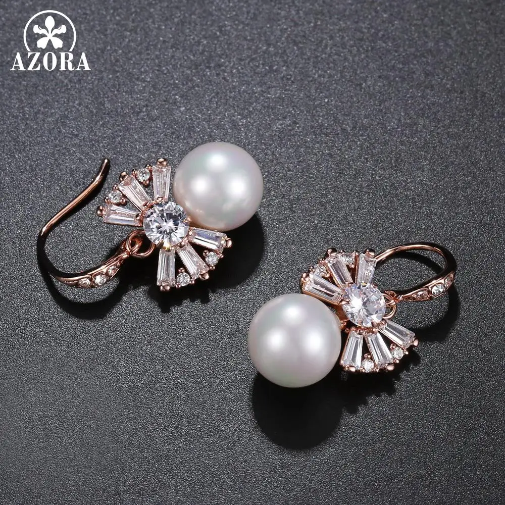 AZORA Simulated Pearl Earring Dangle Drop Rose Gold Color Bowknot Earrings Clear Cubic Zirconia Fashion Jewelry for Women TE0332