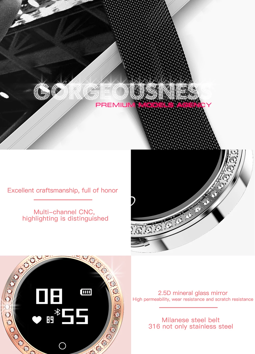 X10 умный браслет для женщин 3D алмазное стекло Пульс кровяное давление монитор сна водонепроницаемые Смарт часы