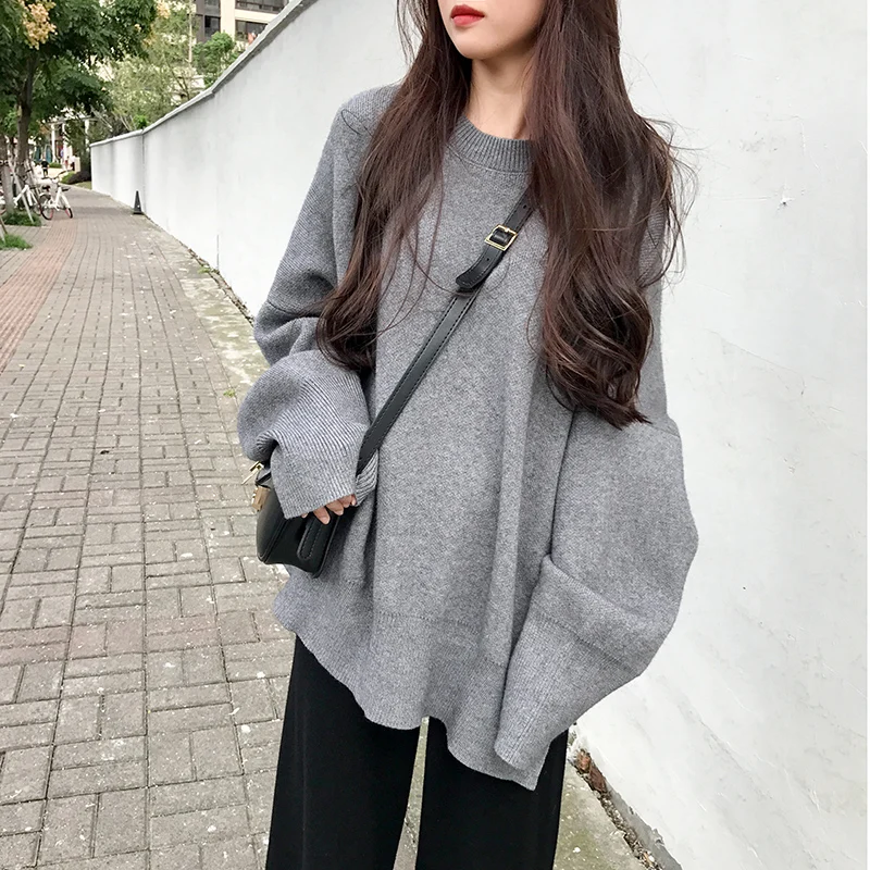 Зимние женские свитера, новинка, уличная одежда Harajuku, круглый вырез, рукав летучая мышь, теплые пуловеры, корейский стиль, женские шикарные вязаные джемперы с разрезом
