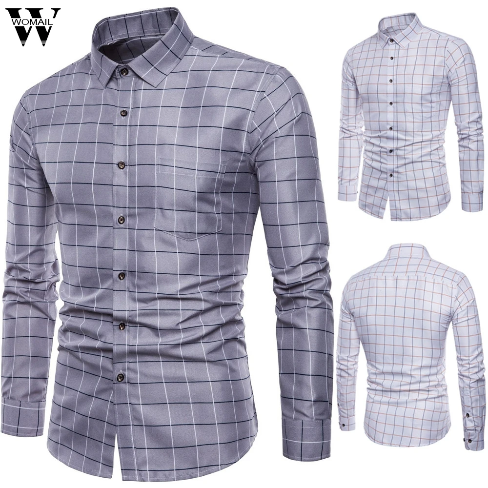 Womail Мужская Летняя Повседневная рубашка модная клетчатая деловая официальная приталенная рубашка с длинным рукавом на пуговицах высокое качество M528