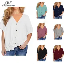 2019 Summer Short-sleeved Knit Top V-neck Hem Twisted Button Top Fashion Women's Top 2019 Summer Short-sleeved Knit Top V-neck Hem Twisted Button Top Fashion Women's Top