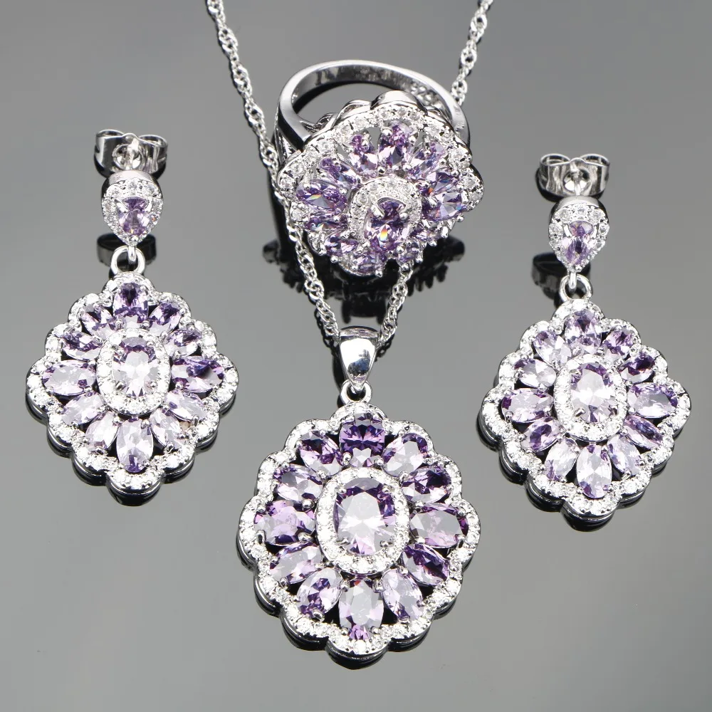 Silver 925 Wedding Costume Jewelry Sets Women Purple Zircon Pendant Necklace Earrings Rings With