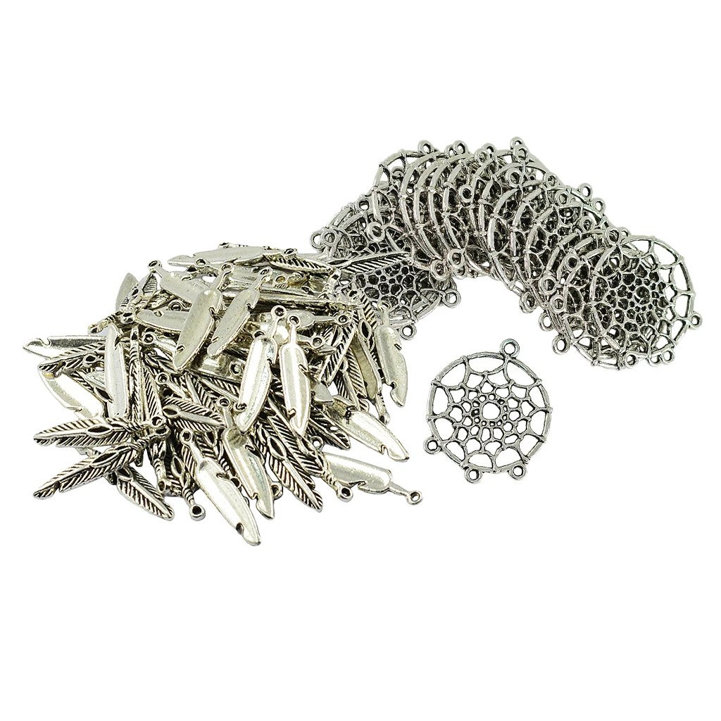 120pcs Vintage Tibetan Silver Feather Dream Catcher Design Charms Pendants for DIY Making Earrings Necklace Bracelet Jewelry