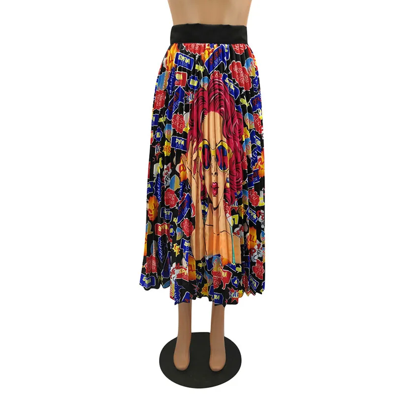 Мультяшная девушка принт пляж Бохо юбка размера плюс длинная Макси юбка летняя высокая эластичная талия плиссированная юбка Корейская винтажная уличная одежда