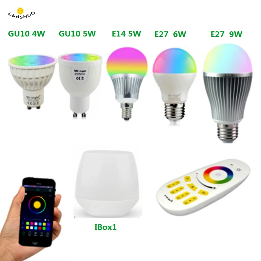 

Milight 2.4G 4/5/6/9W GU10 E27 E14 RGBCCT RGBWW Led Bulbs & 4-Zone RF Remote Control & WiFi Controller Box for Home Xmas Decor