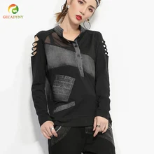 Для девочек в европейском стиле пикантные Футболки Для женщин из стираного денима сетки стежка отверстия выдалбливают джинсы Camiseta Mujer женские футболки