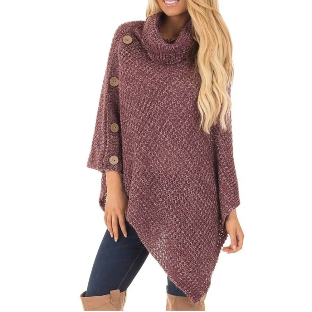 

Winter Women Sweater Dress Lady's Sweater Turtleneck Female Knit Turtle Neck Poncho with Button Irregular Hem Pullover Sweaters