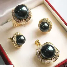 10 мм и 14 мм Черный Южное море жемчужные серьги кулон кольцо набор кварцевые тонкой покрытием Свадебные широкие часы крылья королева