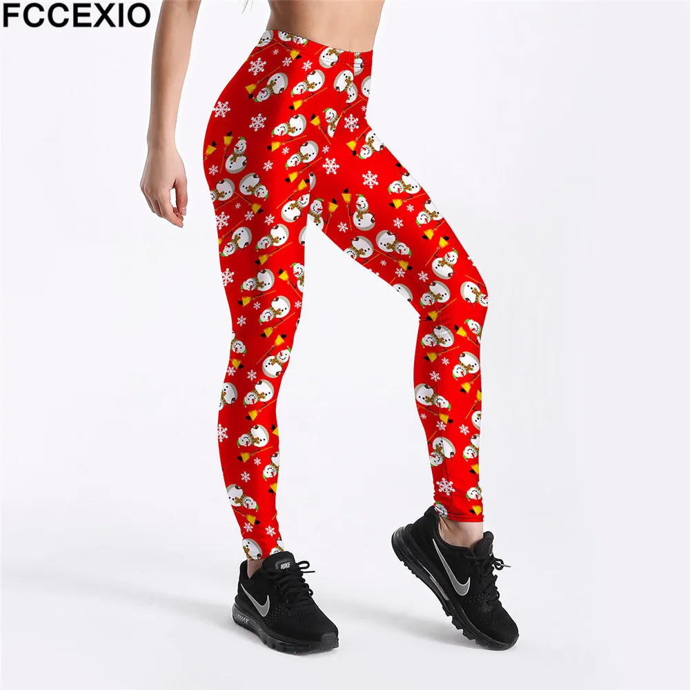 

FCCEXIO New Workout Leggings High Waist Fitness Legging Snowman Print Leggins Female Leg Pants Large Size Leggings For Christmas