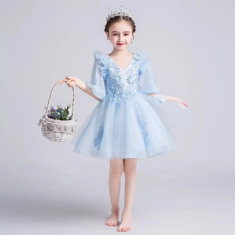 Летнее Новое корейское милое Пышное розовое/синее платье с v-образным вырезом для дня рождения, свадьбы, вечеринки детское платье-пачка для выпускного вечера
