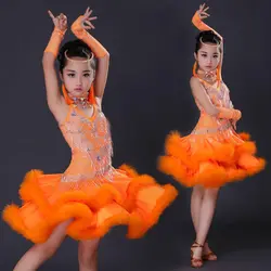 Мода Латинской платье для девочек черный оранжевый школьница Профессиональный платье дети бальные детские Samba Танцевальный Костюм N5039
