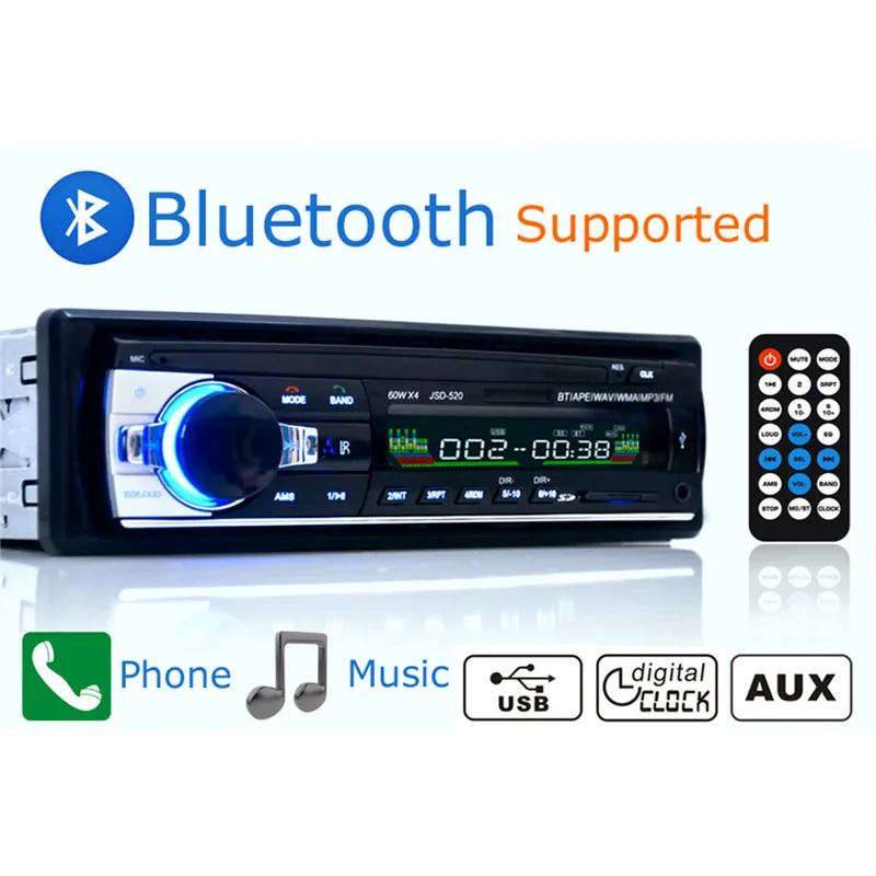 JSD520 Авто MP3 плеер Bluetooth V2.0 стерео в-тире 1 Din FM Aux Вход приемник SD USB MP3 MMC WMA автомобиль радио плеер