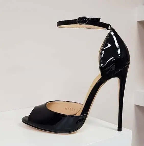 black patent leather peep toe heels