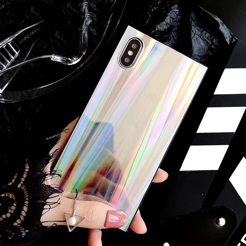 

Square Laser Phone Cases For iPhone XS Max 7 8 6 6S Plus Shining Rainbow Case For iPhone X XS 7Plus 8 Plus Back Cover Coque Capa