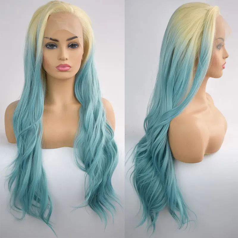 Bombshell блонд корни Омбре небесно-голубой синтетический парик фронта шнурка естественная волна термостойкие волокна волос естественная линия волос для женщин