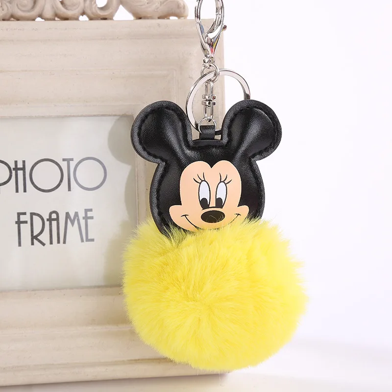 

New Cute Fluffy Fur Mickey Keychain Faux Rabbit Fur Ball Pom Pom Mouse Key Chains Bag Charms Trinket Car Key Ring Gift