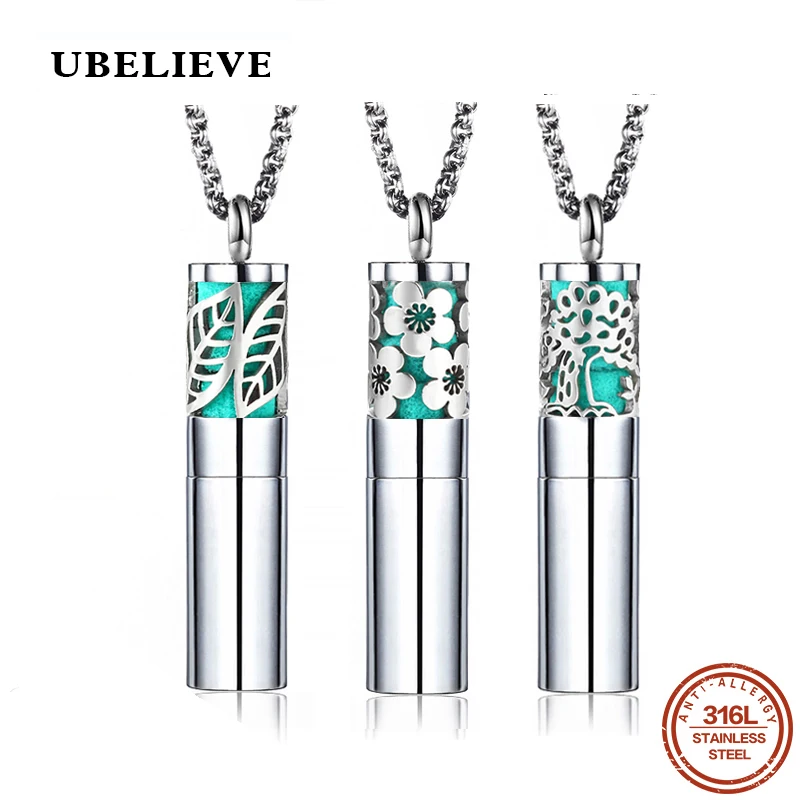 

UBELIEVE Silver Color Round Essential Oil Diffuser Leaf Necklace 316L Stainless Steel Aromatherapy Diffuser Pendants Women