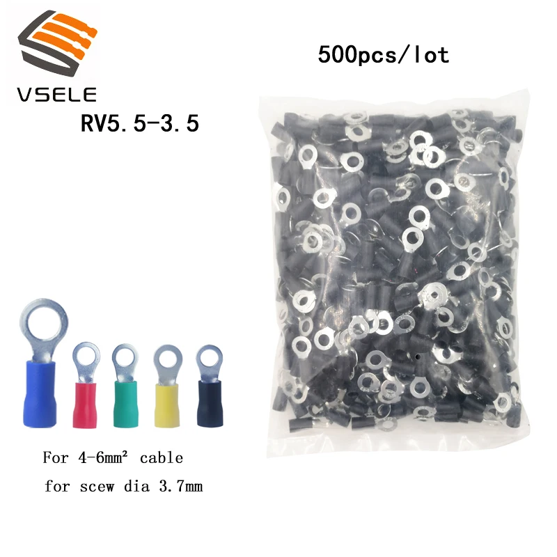 

VSELE 500PCS/pack ring crimp insulation terminal RV5.5-3.5 for 4-6mm2 wire cable for screw dia 3.7mm connector