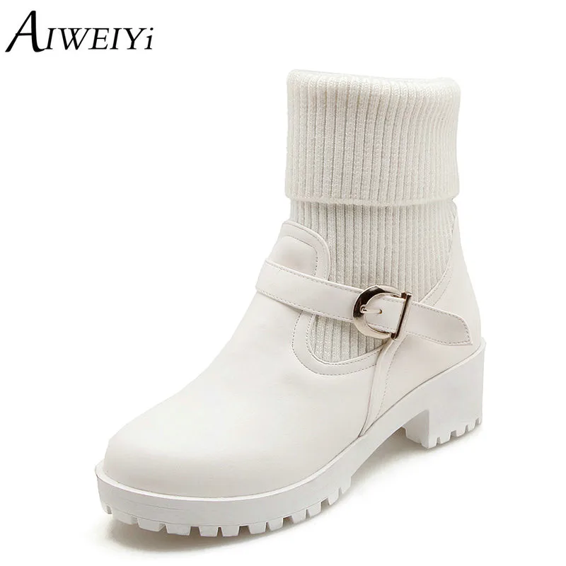 

AIWEIYi Thick High Heels Ankle Boots for Women Black White Warm Winter Snow Boots Slip On High Heels Shoes Woman Botas Shoes
