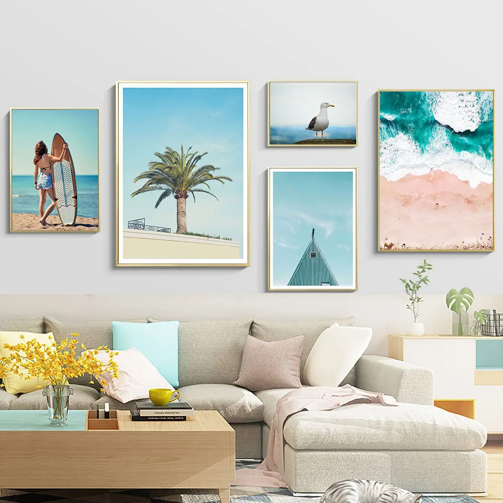

Seascape Print Picture Coconut Tree Painting Beach Canvas Sea Art Print Poster Landscape Birds Pictures Wall Art Print Unframed