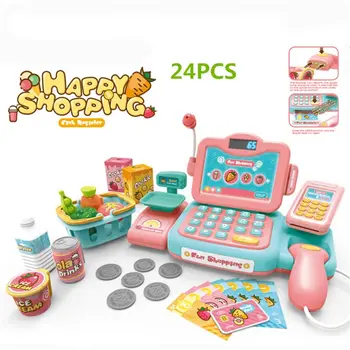 

New Durable Cash Register Toy Pretend Play Educational Toy With Scanner Sound Music Microphone Calculator Play Money&Grocery