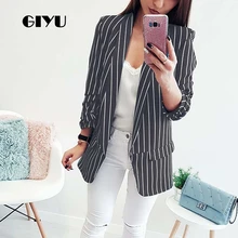 GIYU Spring Women Striped Printing Blazer Long Sleeve Notched Jackets Sexy Loose Tops Casual camiseta mujer