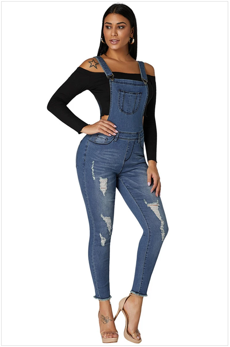 Модные рваные Высокая Талия джинсовый комбинезон для Для женщин Элегантный женский Высокая Rise Distressed Jeans комбинезон большого размера
