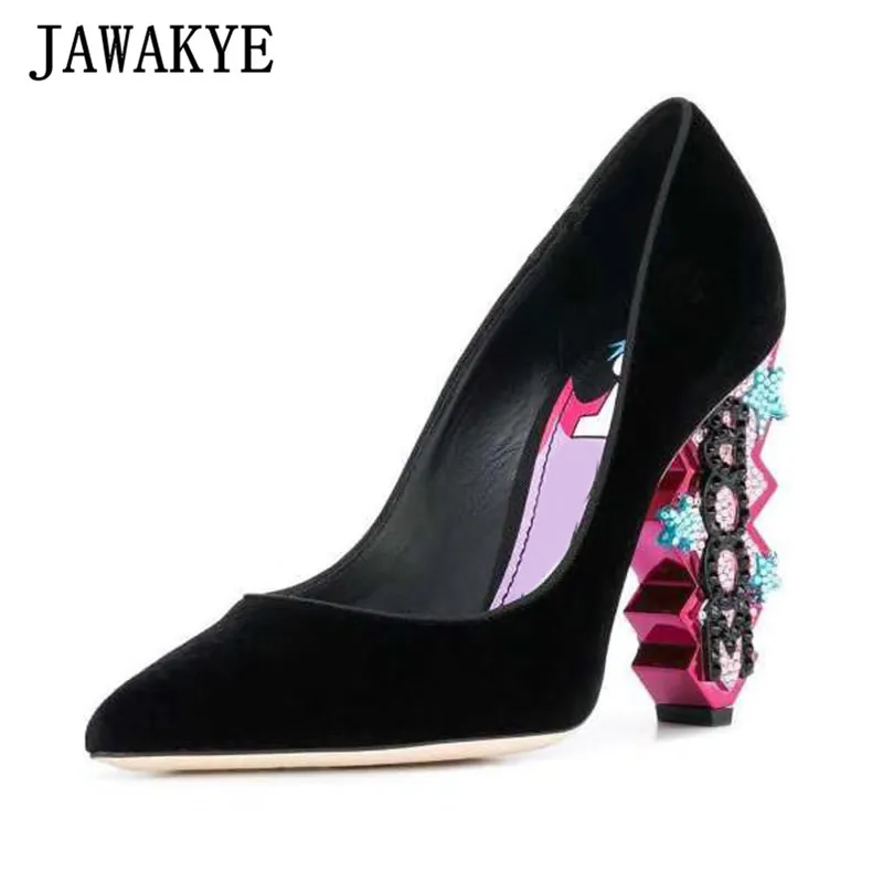 

Velvet Pumps Women Pointed Crystal Diamond Bling Bling High Heels Retro Rhinestone Real Leather Party Wedding Shoes for Ladies