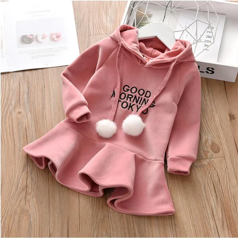 Baby Girl Clothes Korean Version Girls Hooded Dress Autumn&Winter Children Bilateral-velvet Long-Sleeved Letter Fishtail Dresses