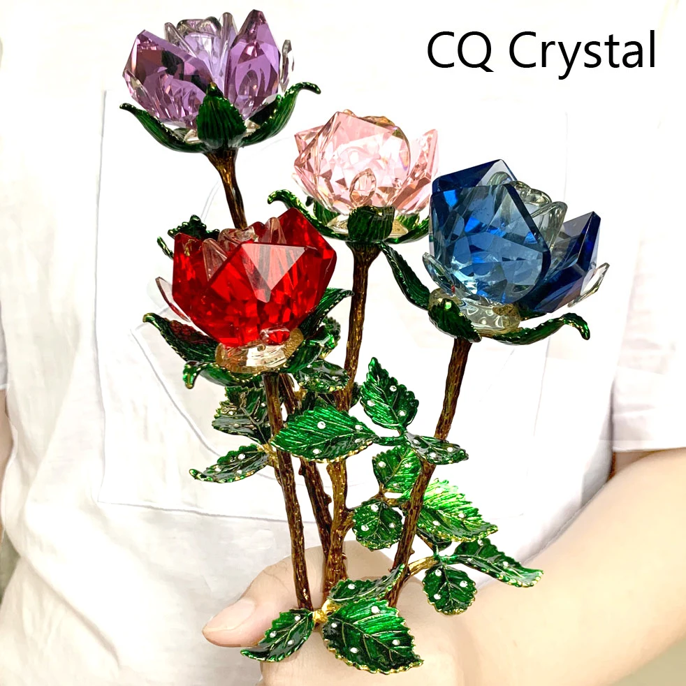 Best Crystal Glass Rose Flower Figurines Craft Wedding Valentine s Day favors Gifts Table Decoration Ornaments Gifts Boxed (4 colors)