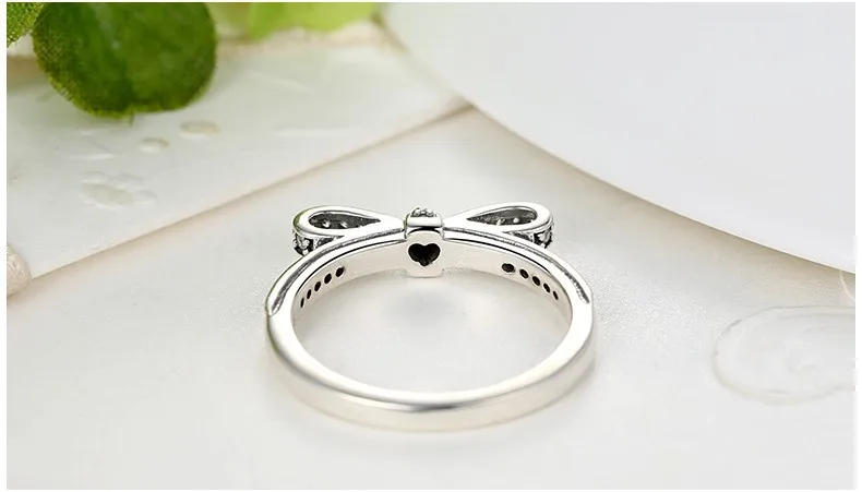Рождественское подлинное 925 пробы Серебряное свадебное кольцо с бантом и кристаллами, совместимое с оригинальными ювелирными изделиями XCH7104