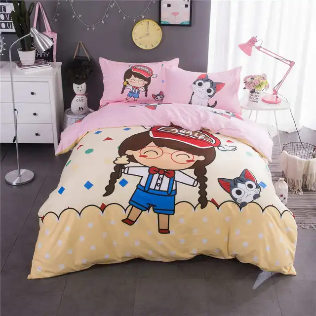 Kartun Gadis Kucing Dicetak Tidur Set Selimut/Selimut 