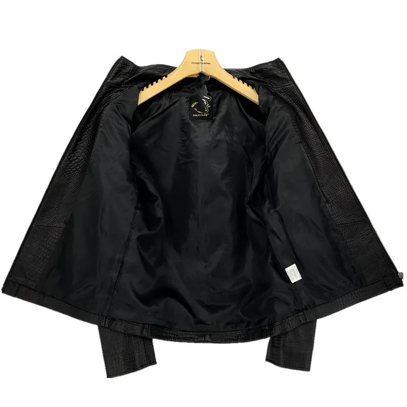 Лидирующий бренд, Мужская облегающая байкерская куртка из натуральной кожи с крокодиловым узором, пальто со стоячим воротником, Непродуваемые куртки для мотоциклистов