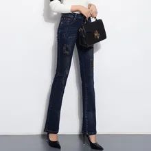 Повседневные джинсы из джинсовой смеси хлопка, модные брюки большого размера, расклешенные женские брюки с высокой талией, весенне-осенние лоскутные брюки, женские smf0803