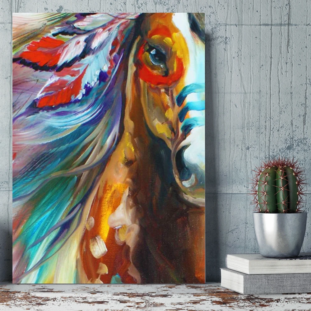 Indian Horse Oil Painting Canvas Art Animal Artwork Handpainted Gallant Horse Home Wall Art Picture for Dining Room Wall Decor