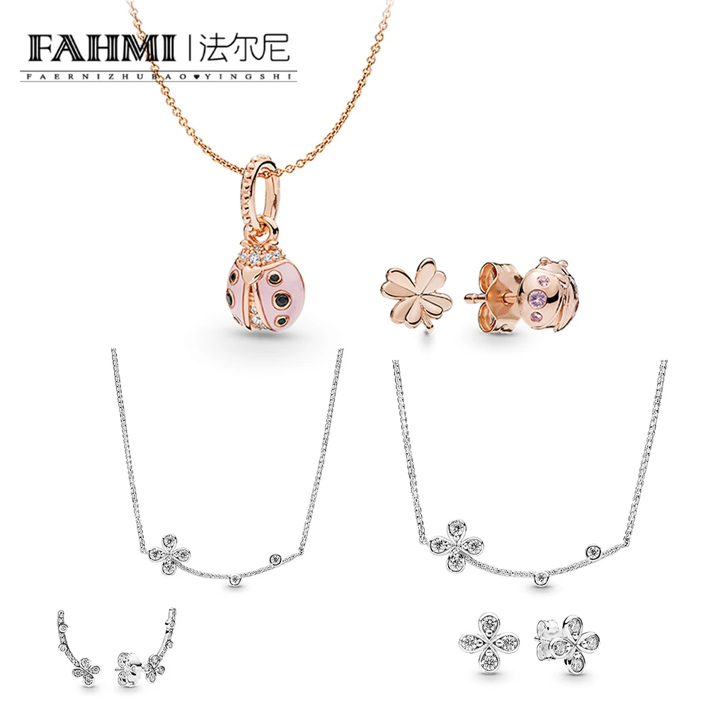 

FAHMI 100% 925 Sterling Silver FOUR-PETAL EARRING AND NECKLACE SET FOUR PETAL FLOWER Lucky Ladybug Set Necklace Earring Set