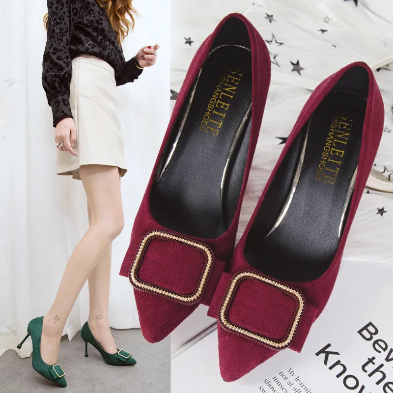 

2019 spring new women shoes high heels Korean version of the buckle point stiletto shallow suede shoes wild work shoes