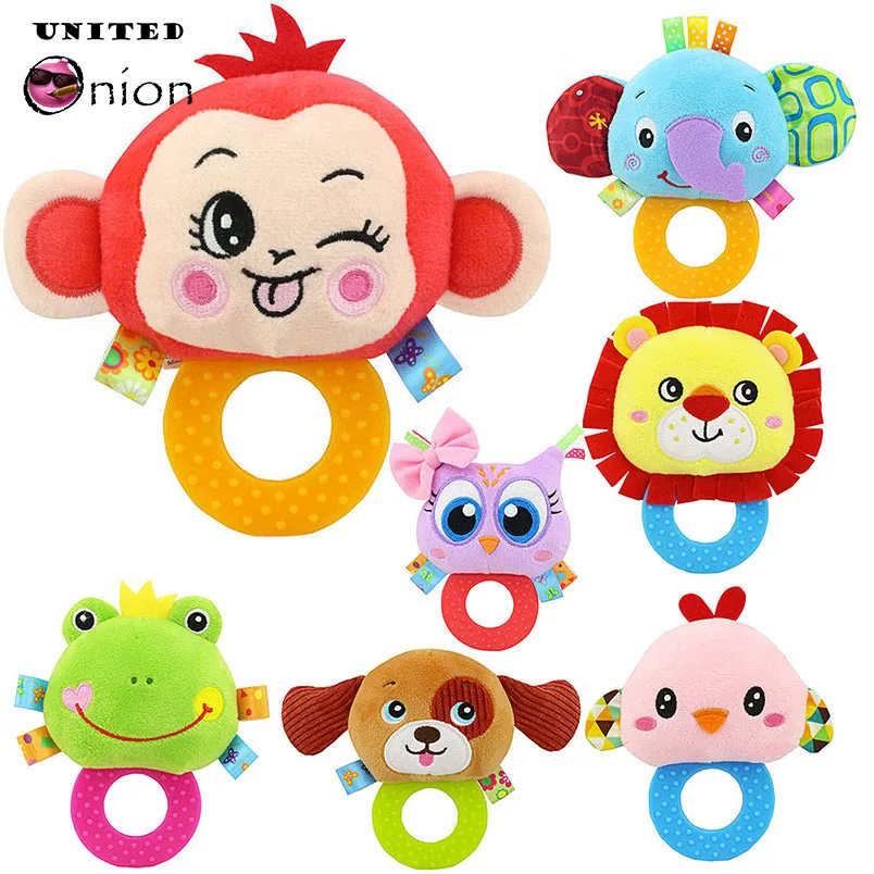 

Hot Sale Colorful Infant Baby Silicone Creative Teether Rattle Grab Grasp Toy Plush Appease Animal Face Parent-child Interaction