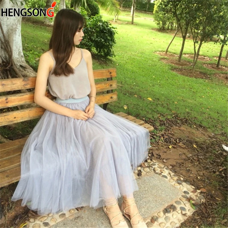 Весна лето Женская эластичная Тюлевая юбка с высокой талией винтажная юбка длинная Плиссированная Юбка-пачка Женская юбка Jupe Longue