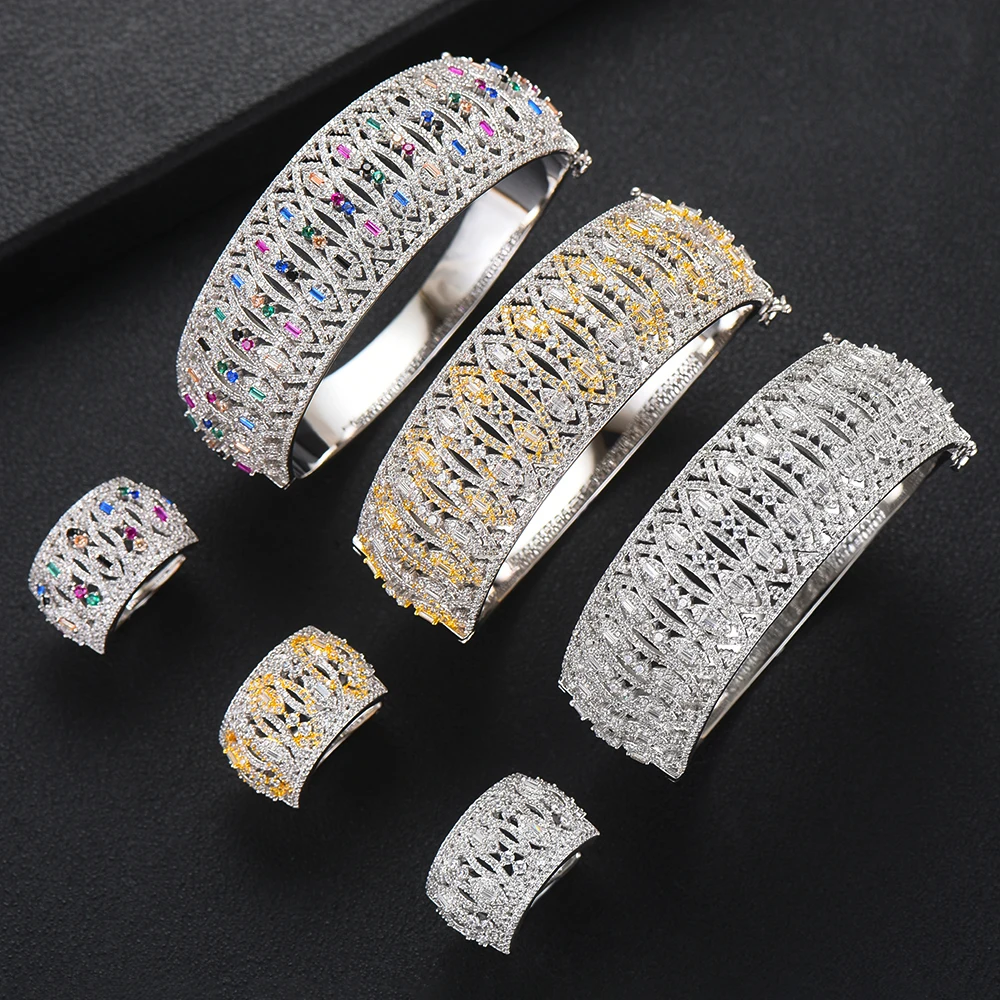 GODK 2PCS Bracelets/Ring Luxury Cubic Zirconia Open Bangle Resizable Rings Trendy Girls Women Patry Wedding Jewelry Sets